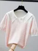 Camiseta feminina malha de malha listrada camiseta feminina de manga curta camisetas de colarinho de gola virada de colar