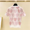Kvinnors t-shirt sommar lös kärlek jacquard pärlstav kort ärm stickade t-shirts kvinnor design all-match rosa blå topps 230314