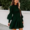 Casual Dresses Women Ruffles A Line Elastic Green Dress Lantern Sleeve O Neck 2023 Spring Female Party Christmas Solid Vestidos