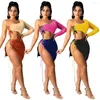 Vestidos de trabalho Sexy cor de cor de retalhos de um ombro de duas peças Terno de saia Skew Skew Collar Lace Up Crop Top High Mini Clubwear Summer