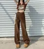 Calça de jeans feminina Y2K Pontas de carga Brown Mulher coreana Moda Baggária