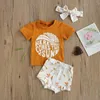 Kläder sätter sommarfödd baby flicka pojke kläder casual bomull 3 stycken bokstav kort ärm t-shirts blommor shorts pannband kläder