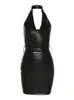 Casual Dresses Halter V-hals Mini Backless Black Artificial Leather Sexig ärmlös från axel sommar elegant klänning