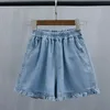 Kvinnors shorts harajuku kvinnor denim shorts elastiska midja ruffles blå jeans lösa ropa mujer kort femme plus size s5xl lolita jean 230314