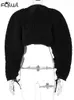 Damen Hoodies Sweatshirts FQLWL Herbst Lose Soild Crop Tops Für Frauen Langarm Mode Weibliche Schwarz Grün Casual T Shirts 230313