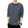 Herren T-Shirts Frühling Herbst Oansatz Langarm Unterhemd Reine Baumwolle Gestreiftes Freizeithemd Lose 5 Farben Übergroßes T-Shirt im koreanischen Stil