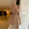 Suknie na studniowe szampana dla kobiet 2023 mody krótkie imprezowe sukienki cekinowe suknie z koralikami Abendkleider Robe de Soiree