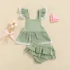 Kledingsets Sumemr geboren babymeisjeskleding Set 2 stks massieve kanten ruches mouw backless tops jurked tutu shorts catchin linnen outfits 230313