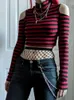 T-shirts pour femmes Goth Dark Grunge Striped Mall Gothique Basic T-shirts Punk E-girl Esthétique Moulante Casual Crop Tops Manches Longues Ouvert