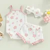 Kläder sätter sommar småbarn födda baby flickor kläder set våffla blommor tryck ärmlösa bodysuitsruffes dragstring shortsheadband 230313