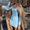 Casual Jurken Lange Mouwen Ruches Bodycon Jurk Vrouwen Elegante Slanke Effen Kleur V-hals Mini Skinny Stretchy Club Wear Sexy Party Vestidos