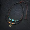 Pendentif Colliers Collier Vintage Ancienne Tribu Homme Cuir Turquoise Perle Choker