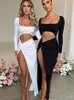 Casual Dresses Mozision Sexy Hollow Out High Split Maxi For Women Robe Autumn Full Sleeve Ruched Club Party Long Vestido 230313