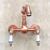 Kitchen Faucets Antique Red Copper Wall Mount Sink Faucet Swivel Spout Mixer Tap Dual Ceramics Handles Levers Arg033