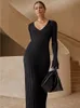 Casual Kleider Gestrickte Frauen Lange V-ausschnitt Weibliche Solide Elegante Volle Hülse ALine Herbst Winter Damen Gerippte Maxi Robe 230313