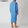 Men's Robes INCERUN Cotton Men's Sleep Robes Solid Color Long Sleeve Nightgown O Neck Leisure Mens Bathrobes Comfort Homewear Plus Size 230313