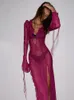 Abiti casual Mesh Beach Summer Women Elegant Bandage Ruffles Slim Maxi Sexy See Through Vacation Party Club Abiti Rose Red 230313