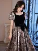 Contrast Prom Dresses Square Collar Pearl A-Line Bow Jacquard Print Puff Sleeve Lace Up Long Evening Celebrity Gowns Woman