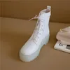 Motorcycle Woman Platform Boots FOREADA Flat Real Leather Ankle Lace Up Short Round Toe Ladies Shoes White Size 401 572