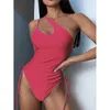 Kvinnors badkläder Summer Oneshoulder Strap Sexig Elastic Bikini Ruched Swimming Bathing Suit Women 230313