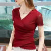 Women's T-Shirt Cross V-neck Short-sleeved T-shirt Women's Summer Women's Solid Color Mesh Bottoming Shirt Wood Ear Stretch Top 230314