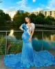 Charmiga Lake Blue Long Prom -klänningar för svarta flickor med pärlor Applikationer Födelsedagsfestklänning sjöjungfru aftonklänning Robe de Soiree