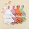 Kledingsets Sumemr geboren babymeisjeskleding Set 2 stks massieve kanten ruches mouw backless tops jurked tutu shorts catchin linnen outfits 230313