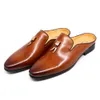 Zapatillas de hombre de estilo italiano, mocasines de cuero de vaca genuino, medias pantuflas informales para exteriores, zapatillas planas transpirables poco profundas para hombres