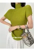 Women's T-Shirt Summer Avocado Green Short Sleeve Stand Collar Top Miyak fold Fashion plus size high elastic women's short-sleeved T-shirt 230314