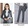 Dames tweedelige broek Autumn Women Plus Size Blazer met voor werk Formele pakken Fashion Office Ladies Slim Black Gray Pant Suit met lange mouwen