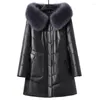 Womens Leather 2023 Winter Womens 90% White Duck Down Jacka Long Female Hooded Fur Woman Clothes Monteau Femme Wpy468