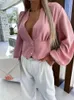 Women's Blouses Fashion Women's Solid Buttons Shirts Top 2023 Spring Summer Sexy Deep V-Neck Lantern Sleeves Slim Long Sleeve Party Tops