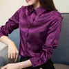 Kvinnors blusar Skjortor Stinlicher Satin Silk Women Autumn Long Sleeve Elegant Work Wear Tops Korean Fashion Purple Green Blue Blue 230314