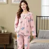 Indumenti da notte da donna Pigiama Set da donna Floreale in cotone pieno Moda Pizzo Abito da notte a maniche lunghe da donna 2 pezzi Sexy Autunno Home Lounge Regalo XXXXL 230314