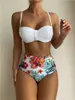 Women's Swimwear New Women's Bikini Floral Patchwork Swimsuit Padded Back Tie-up Swimwear Sexy Push Up High Waist Beachwear Bathing Suits Biquini