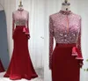 Robe de soirée élégante bordeaux, sirène, manches longues, pour femmes, luxe, perles musulmanes de Dubaï, cristal, robes de soirée formelles, 2023