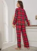 Pigiama da donna Pigiama da donna scozzese rosso 2 pezzi Pigiama da notte Top Pantaloni Pigiama autunno inverno HomeWear Abbigliamento Bottone frontale con tasca sul petto 230314