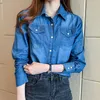 Frauen Blusen Blau Denim Shirt Frauen 2023 Frühling Herbst Taschen Langarm Tops Mode Taste Turndown Kragen Jacke Weibliche