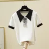 Women's T-Shirt Korean Fashion Bow Women T Shirt Turn-Down Collar Knitted Tee Shirt Female Summer Short Sleeve Sweet Style Tshirt Woman Clothes 230314