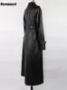 سترات نسائية Nerazzurri Spring Autumn Attrect Long Waterproof Black Soft Pu Leather Trench Coat for Women Belt Floor Lenight Overcury 230313