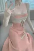 Casual Dresses Women's Luxury Socialite Pink Sticked Dress Suit 2023 Autumn Temperament Long Sleeve Knit Top and Camisole