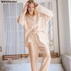 Ropa de dormir para mujer Pijamas de algodón informales para mujer Ropa de dormir suelta Mangas caídas Traje para el hogar Turn Down Collar Trajes de pantalón Conjunto Mujer 2 piezas 230314