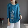 Women's Blouses Johnature Women linnen shirts o-neck lange mouw massief kleur vintage borduurwerk blouse 2023 herfst knop losse kleding