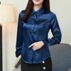 Kvinnors blusar Skjortor Stinlicher Satin Silk Women Autumn Long Sleeve Elegant Work Wear Tops Korean Fashion Purple Green Blue Blue 230314