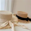 Hoge kwaliteit Raffia Straw Hat Summer Bow Beach Hoeden Sunshade Flat Top Emmer hoeden geweven viziermuts voor dames voor dames