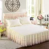 Saia de cama branca rosa renda de cama saia romântica padrão de flores poliéster com babados de camas de cama saia capa da cama queen tampas de cama de casas decoração 230314