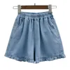 Kvinnors shorts harajuku kvinnor denim shorts elastiska midja ruffles blå jeans lösa ropa mujer kort femme plus size s5xl lolita jean 230314