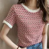 Women's T-Shirt Retro Summer Ice Silk Short Sleeve Women T-Shirts Tassel Button Patchwork Knitted Top 230314