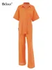 Pantalon de deux pièces pour femmes Bclout Pantalon orange Ensemble de lin Femmes 2 pièces Tenues 2023 Printemps Bleu Manches courtes Chemises lâches Ligne décontractée Pantalons à jambes larges Costumes L230314