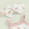 Kläder sätter sommar småbarn födda baby flickor kläder set våffla blommor tryck ärmlösa bodysuitsruffes dragstring shortsheadband 230313